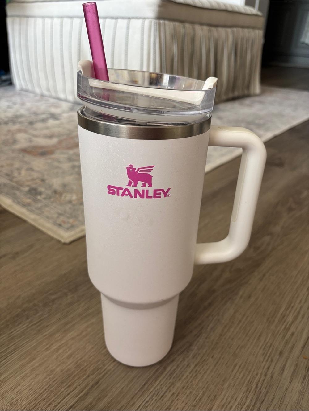 Stanley White Travel Mug with Pink Logo and Pink Straw
